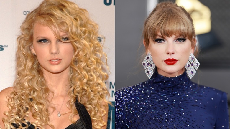 Split image of Taylor Swift with curly hair (L) versus with front bangs (R)