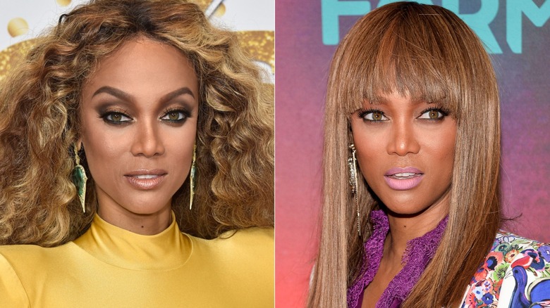 Split image of Tyra Banks with curly hair (L) versus with straight hair and bangs (R)
