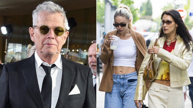 Split image of David Foster with Gigi Hadid and Bella Hadid in sunglasses