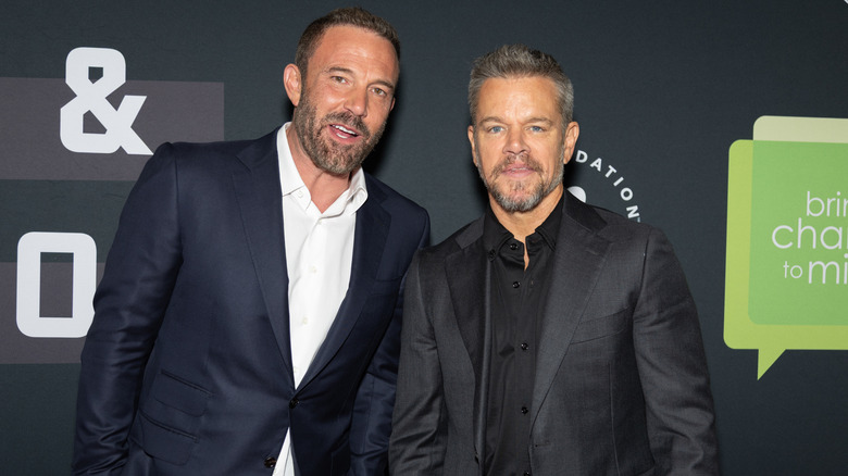 Ben Affleck and Matt Damon arrive at Bring Change to Mind Revels And Revelations Celebration at Fort Mason Center for Arts & Culture on April 27, 2026 in San Francisco, California.