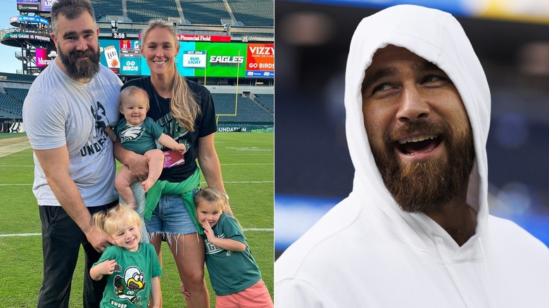 Jason Kelce with family & Travis Kelce smiling