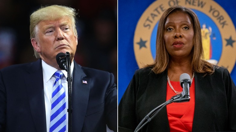 A split image of Letitia James and Donald Trump in front of microphones