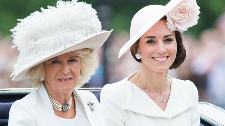 A smiling Queen Camilla and Princess Catherine riding together in a carriage