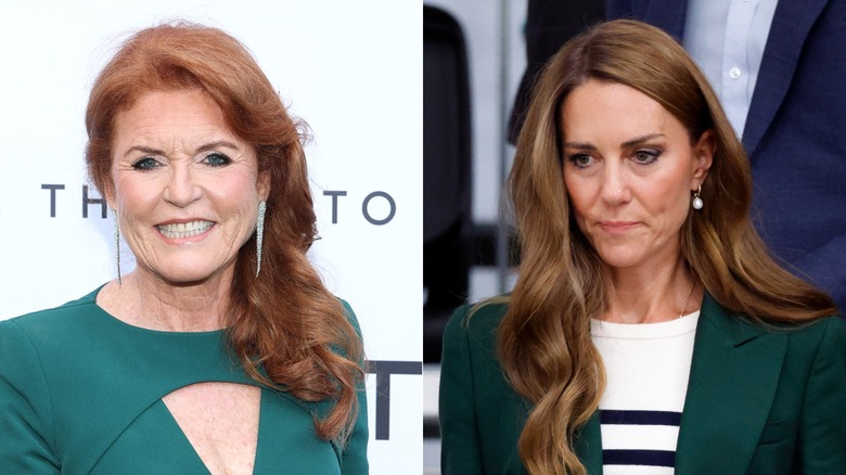 A smiling Sarah Ferguson and a serious-looking Princess Catherine pictured next to each other