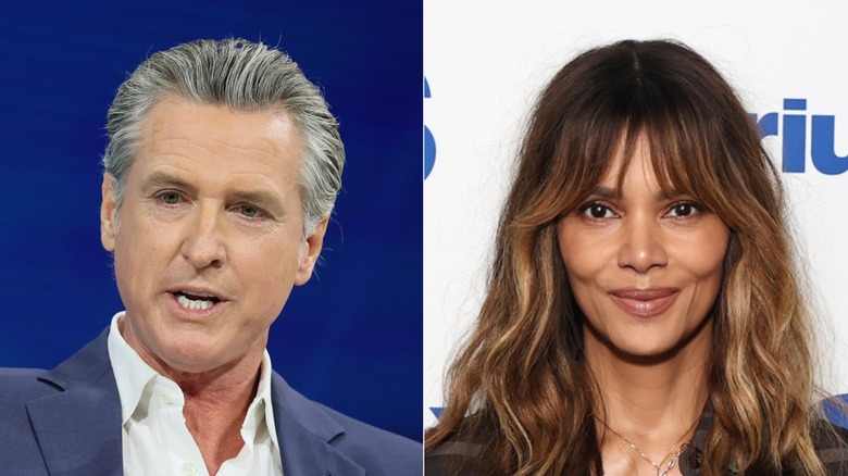left image shows Governor Gavin Newsom mid-speech; right image shows Halle Berry smiling