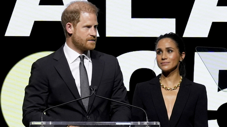 Prince Harry, Duke of Sussex, and Meghan, Duchess of Sussex, speak onstage the Project Healthy Minds World Mental Health Day Gala at Spring Studios on October 09, 2025 in New York City.