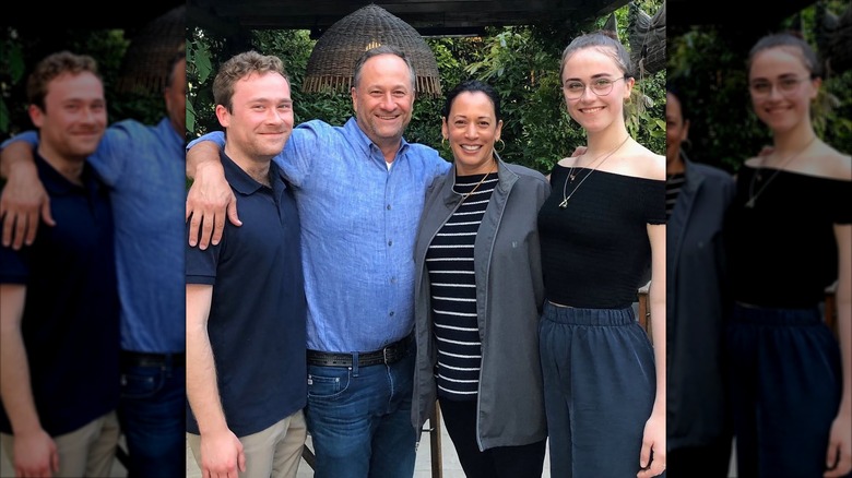 Cole Emhoff, Doug Emhoff, Kamala Harris, and Ella Emhoff posing together
