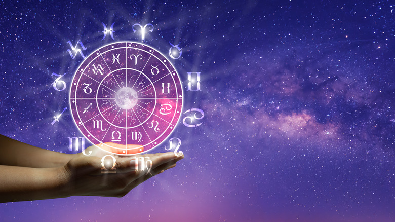 Zodiac wheel in a starry purple sky 