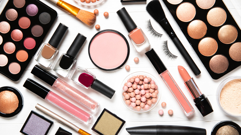 makeup products on a white background 