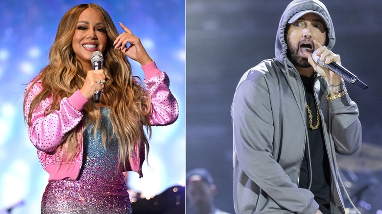 Mariah Carey in a glitter dress and Eminem in a gray hoodie