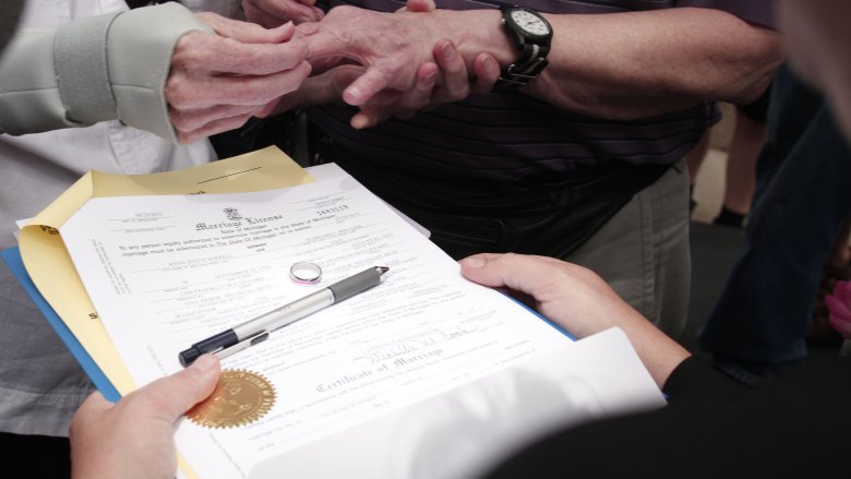 Same-sex marriage certificate and wedding