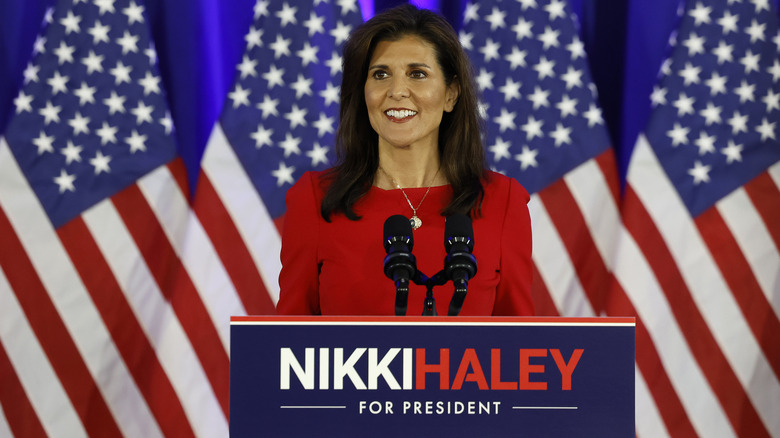 Nikki Haley at podium announcing end of campaign