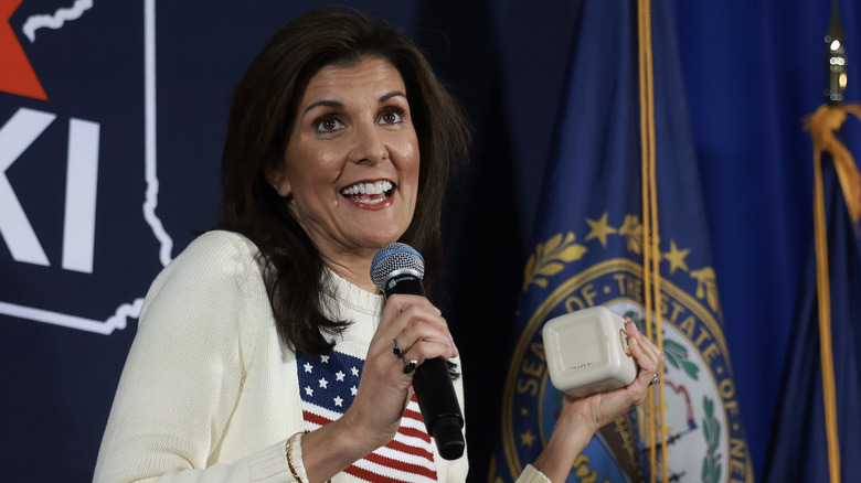 Nikki Haley speaking into microphone