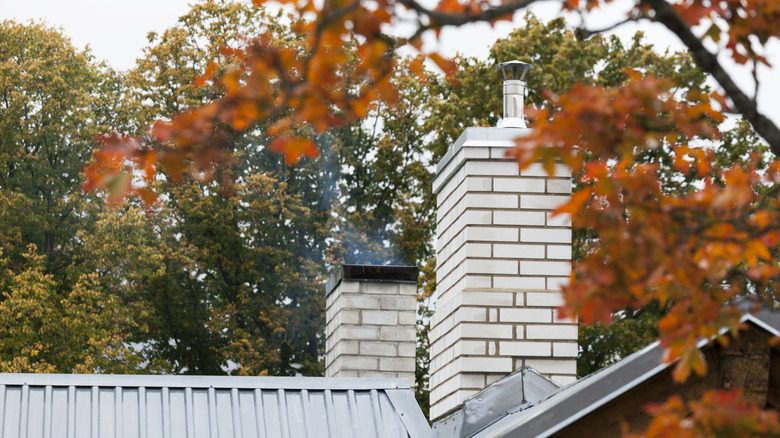 Two brick chimneys with autumn leaves in foreground