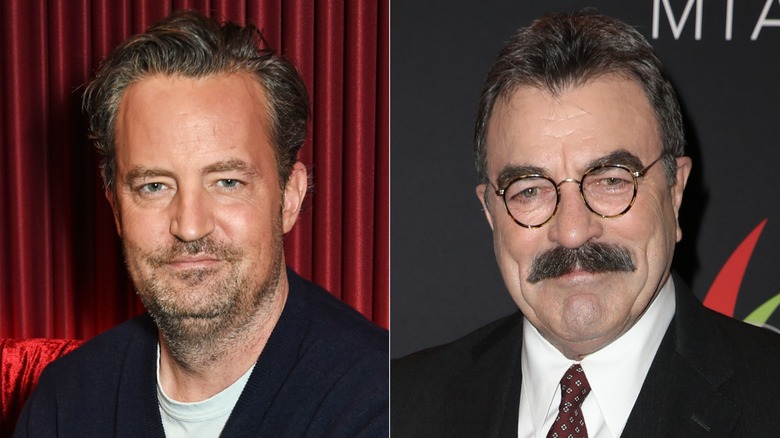Matthew Perry and Tom Selleck looking thoughtful split screen