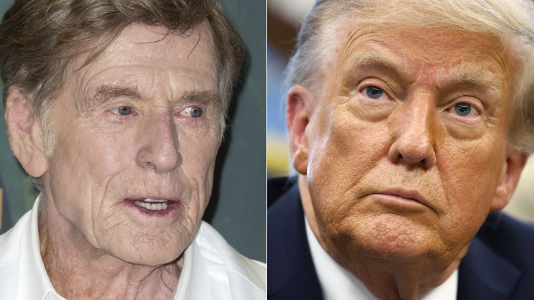 Split image of Robert Redford and Donald Trump frowning and looking off-camera