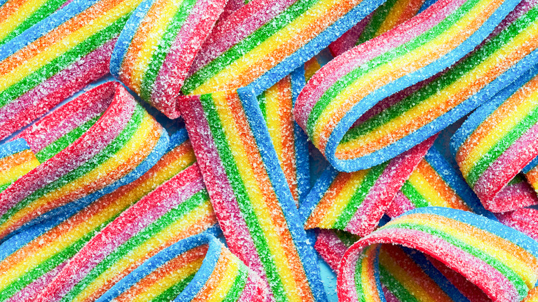 Colorful rainbow sour candy ribbons