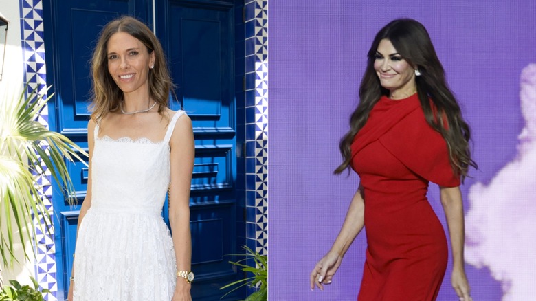 Bettina Anderson smiling in a white dress & Kimberly Guilfoyle walking onstage in a red dress