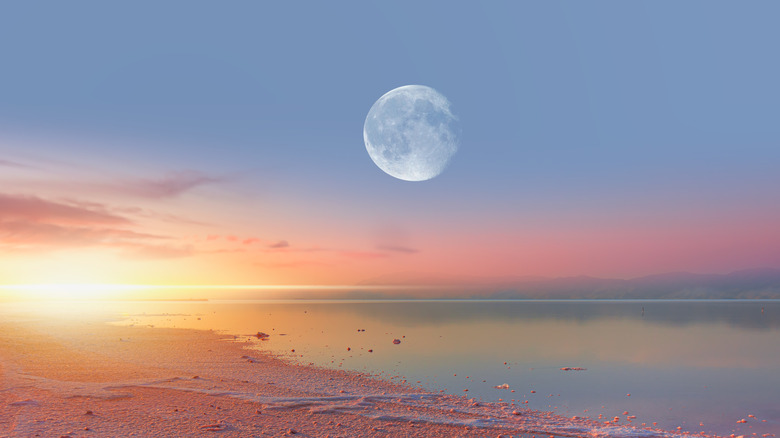 Full moon above ocean shore during sunset 