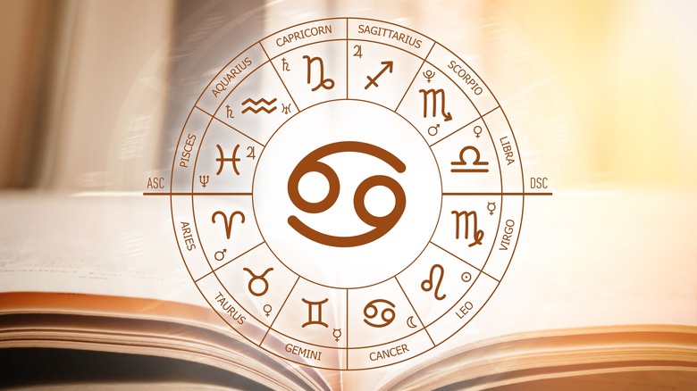 The zodiac wheel with the Cancer symbol inside. 