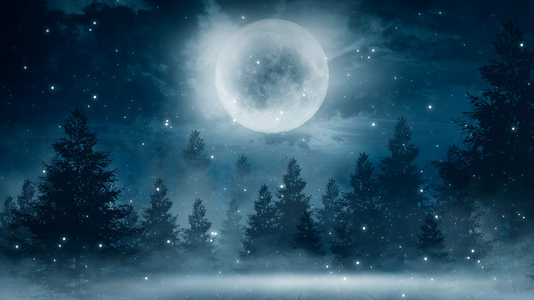 A full moon over snowy landscape 