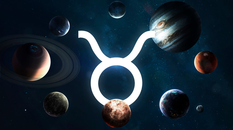 Taurus zodiac sign surrounded by planets. 