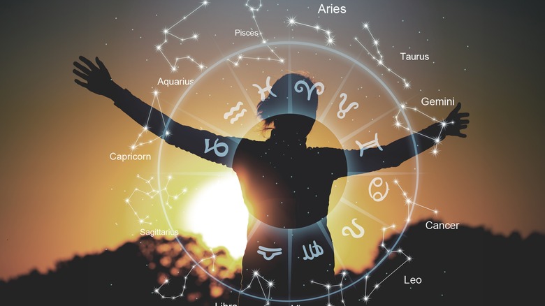 A woman surrounded by a zodiac wheel. 