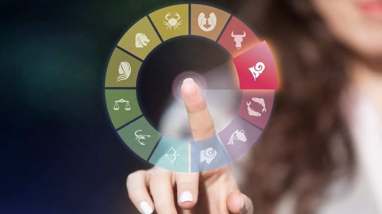 Woman pointing at zodiac wheel