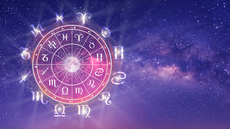 Astrological wheel in sky, surrounding full moon
