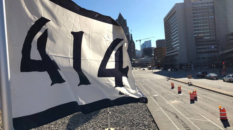 414 Flag flying in downtown Milwaukee on April 14, 2019