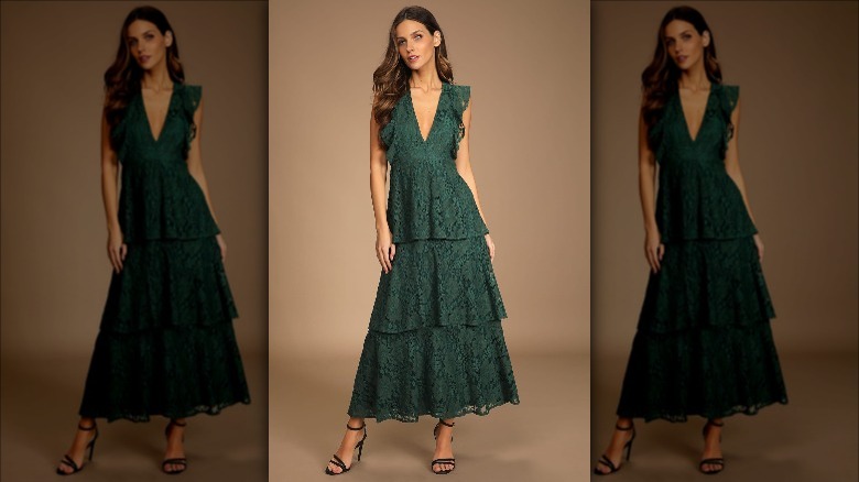 Lulus model wears green tiered dress 