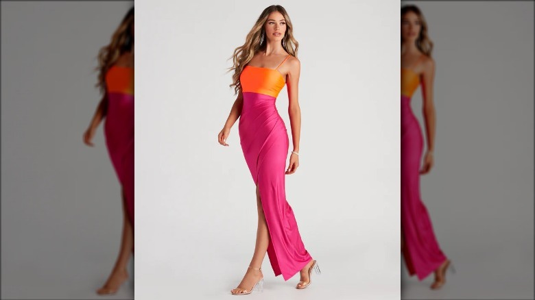 model wears windsor color block dress