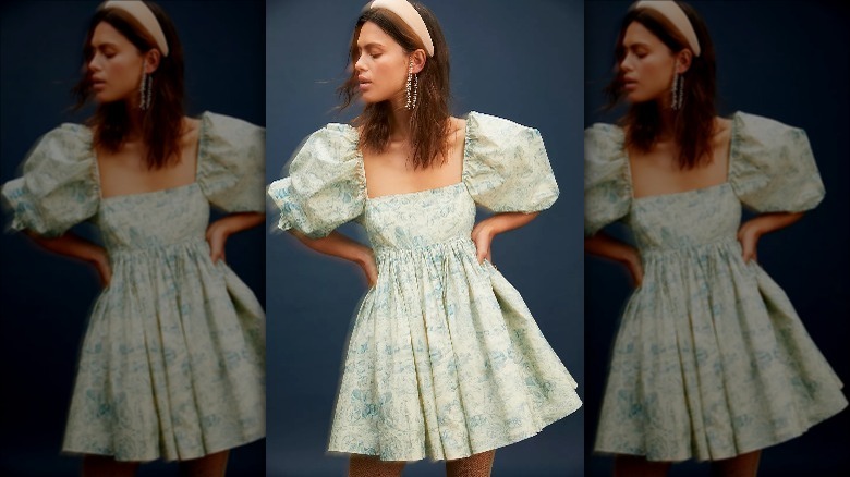 Model wears selkie puffy sleeve dress