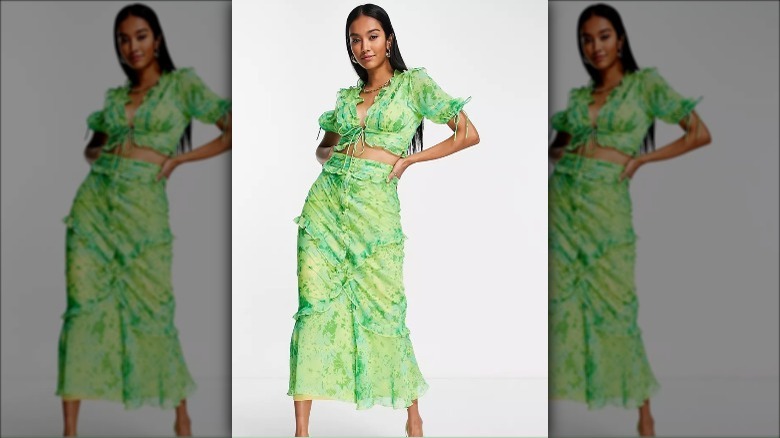 model wears green asos two piece set 