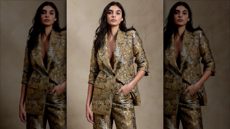 Banana Republic model wears floral suit
