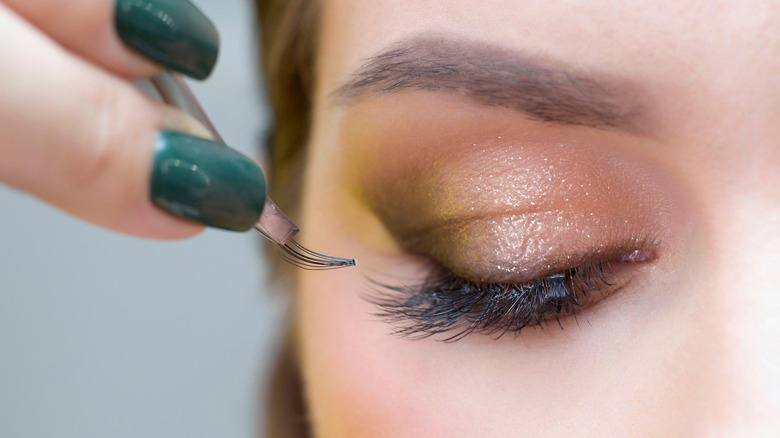 Individual eyelashes being applied