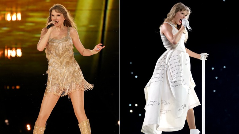 Split image of Taylor Swift performing in a gold tasseled dress and a white gown during the Eras Tour