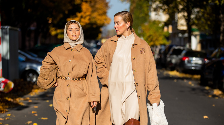 Amelie Stanescu is seen wearing beige coat second female, boots gestuz, belt vintage, balaclava Zara, bag mango and Tina Haase wearing beige Second female Camel coat, Loewe clasp, Inwear beige Leather dress, Brown croco overknee boots , COS teddy pouch bag. on November 01, 2021 in Berlin, Germany