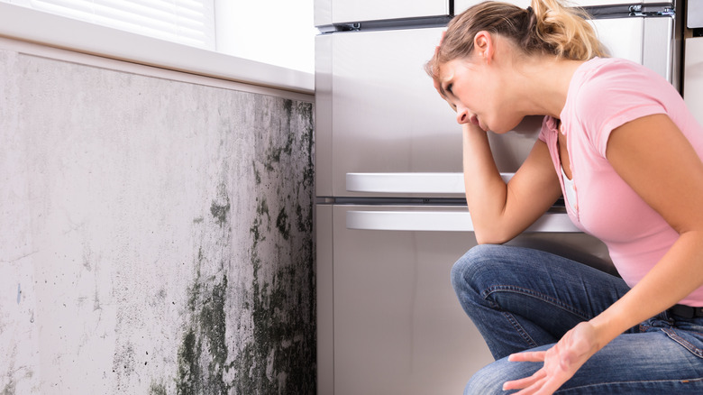 Woman examining kitchen mold