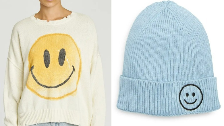 Smiley face sweater and blue smiley face hat
