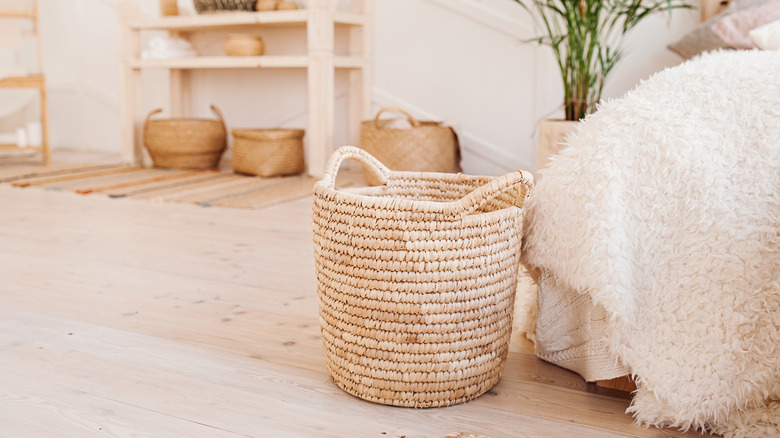Fluffy white sherpa and laundry basket