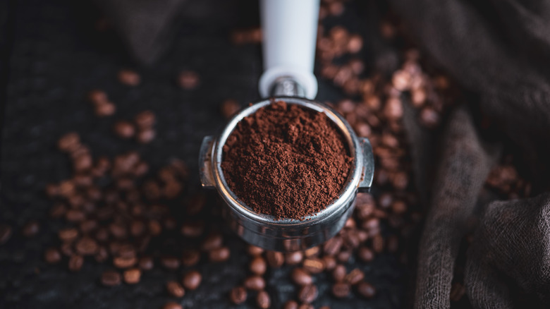 ground coffee in an espresso handle 