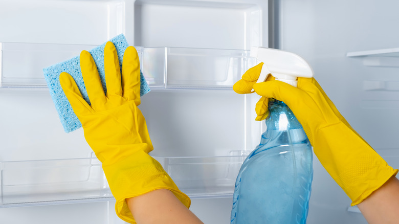 Hands in yellow gloves cleaning inside of fridge 