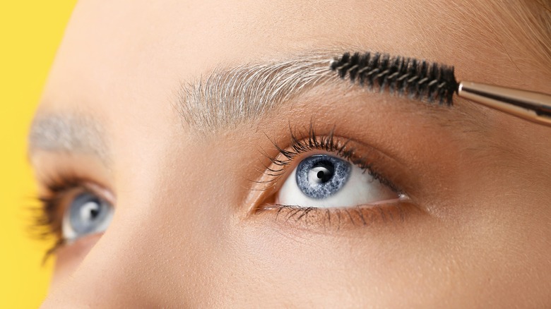 Woman with bleached eyebrows holding brush