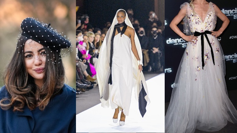 A black pearl beret, a white gown with black halter, a white gown with a black belt