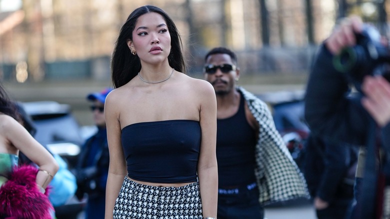 black tube top, checkered bottoms