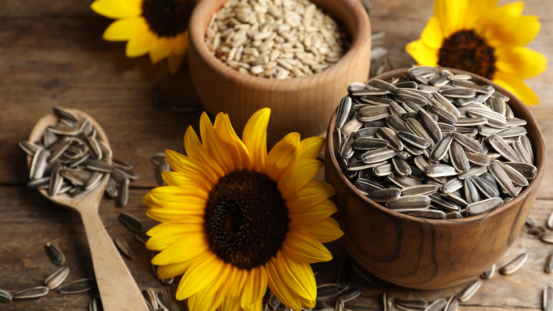 Sunflower oil next to sunflowers and sunflower seeds