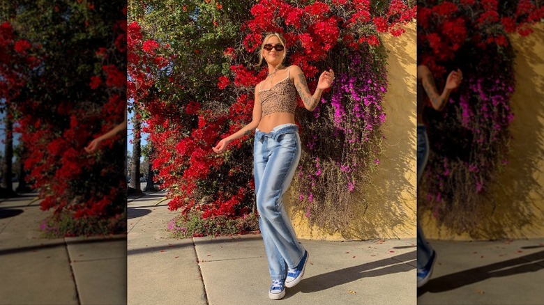 Cheetah top unbuttoned jeans outfit