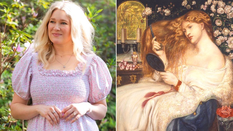 Blond model in pink dress, historic painting of woman with long hair