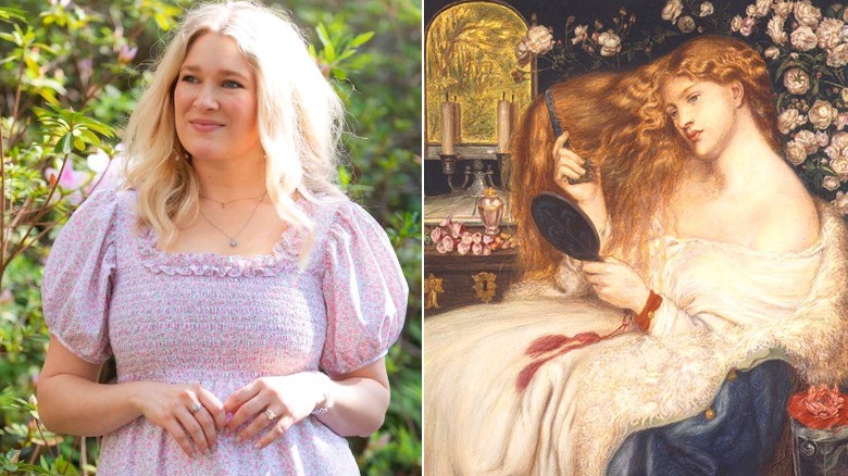 Blond model in pink dress, historic painting of woman with long hair